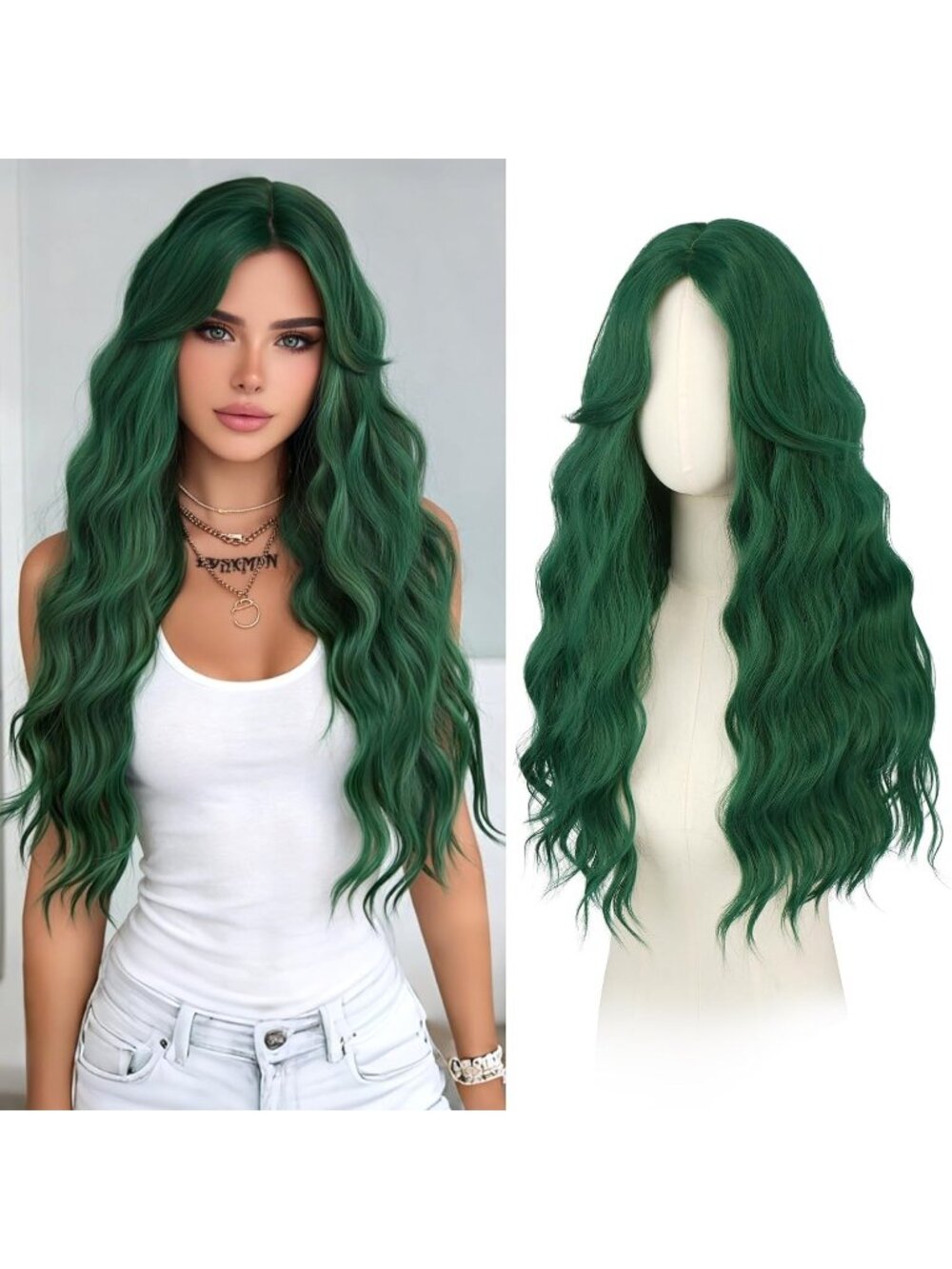 Women's Dark Green 26 Inch Heat Resistant Curtain Bangs Long Wavy Wigs